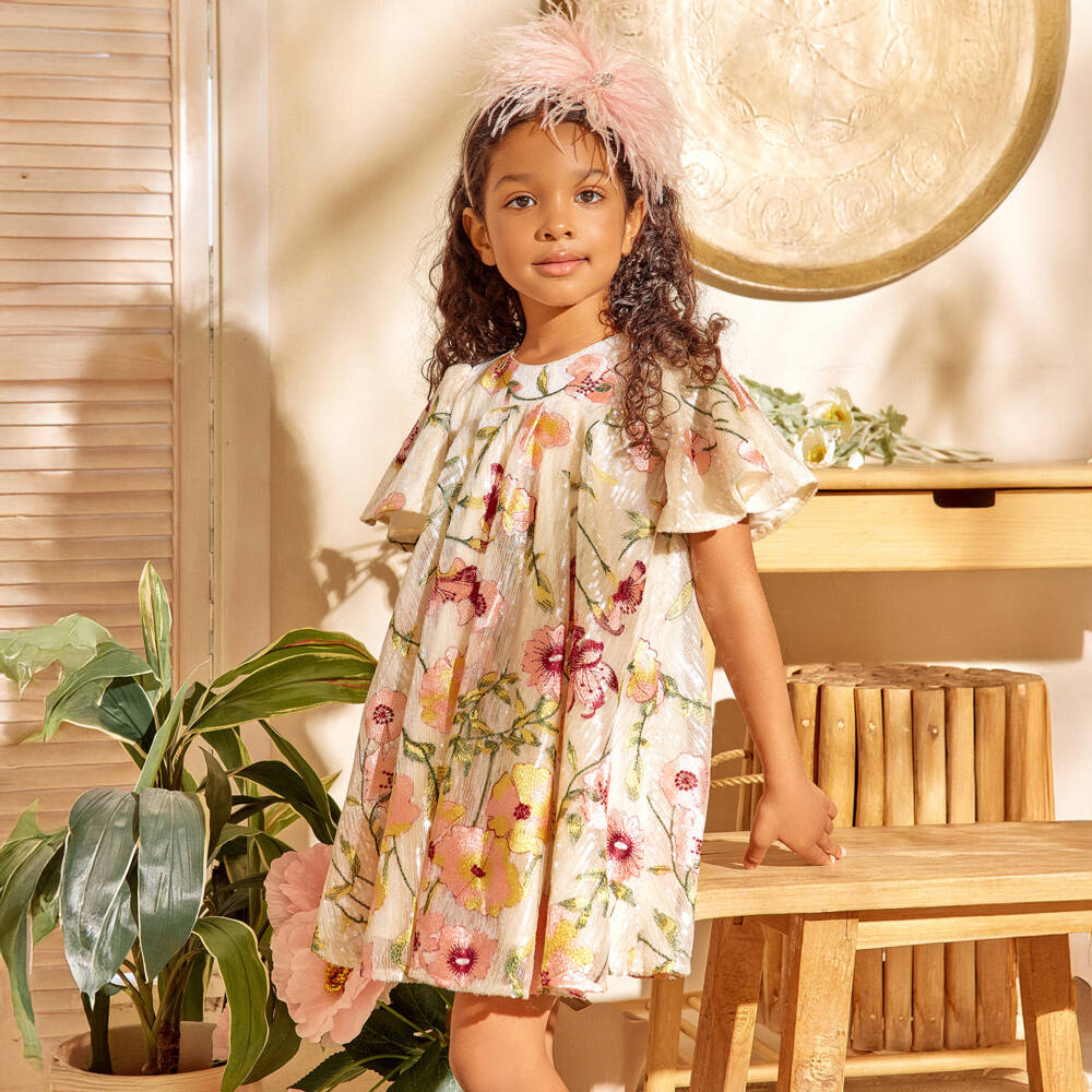 EIRENE-Girls Ivory Sequin Dress with Floral Embroidery | Childrensalon Outlet