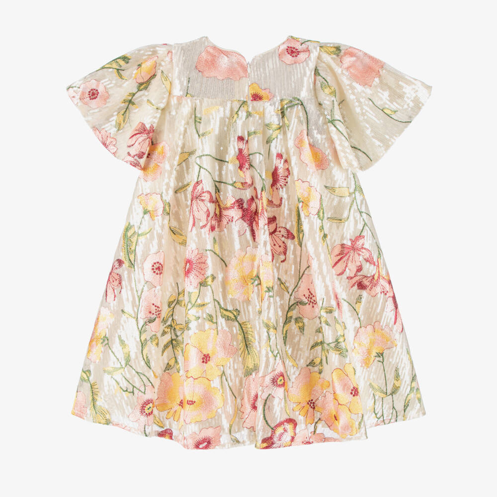 EIRENE-Girls Ivory Sequin Dress with Floral Embroidery | Childrensalon Outlet