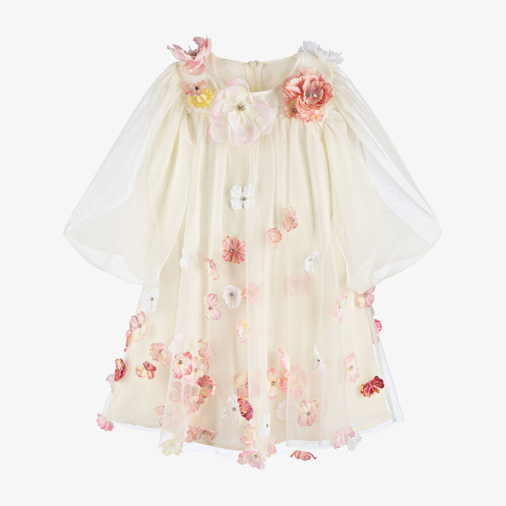 EIRENE-Girls Ivory Tulle & Chiffon Dress with 3D Flowers | Childrensalon Outlet