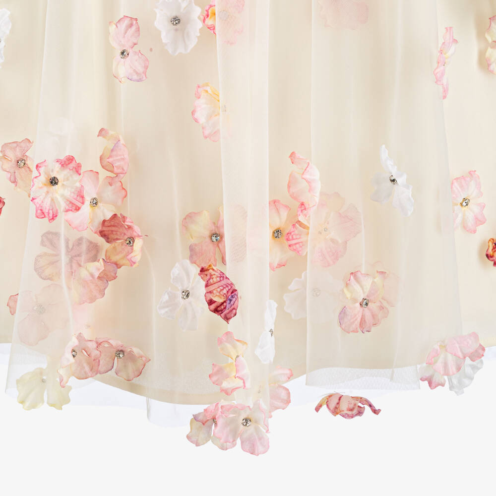 EIRENE-Girls Ivory Tulle & Chiffon Dress with 3D Flowers | Childrensalon Outlet
