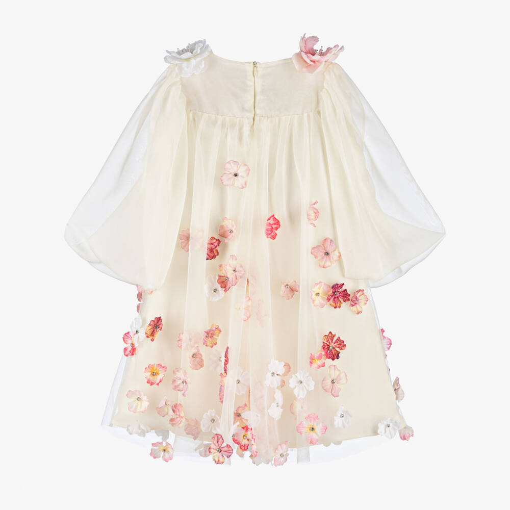 EIRENE-Girls Ivory Tulle & Chiffon Dress with 3D Flowers | Childrensalon Outlet