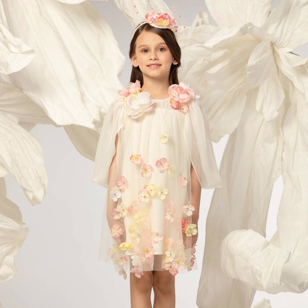 EIRENE-Girls Ivory Tulle & Chiffon Dress with 3D Flowers | Childrensalon Outlet