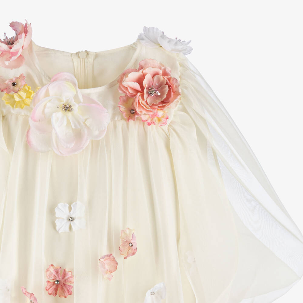 EIRENE-Girls Ivory Tulle & Chiffon Dress with 3D Flowers | Childrensalon Outlet