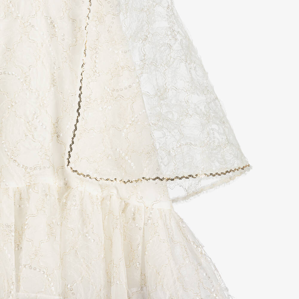 EIRENE-Girls Ivory Tulle Dress with Lace & Sequin Trims | Childrensalon Outlet