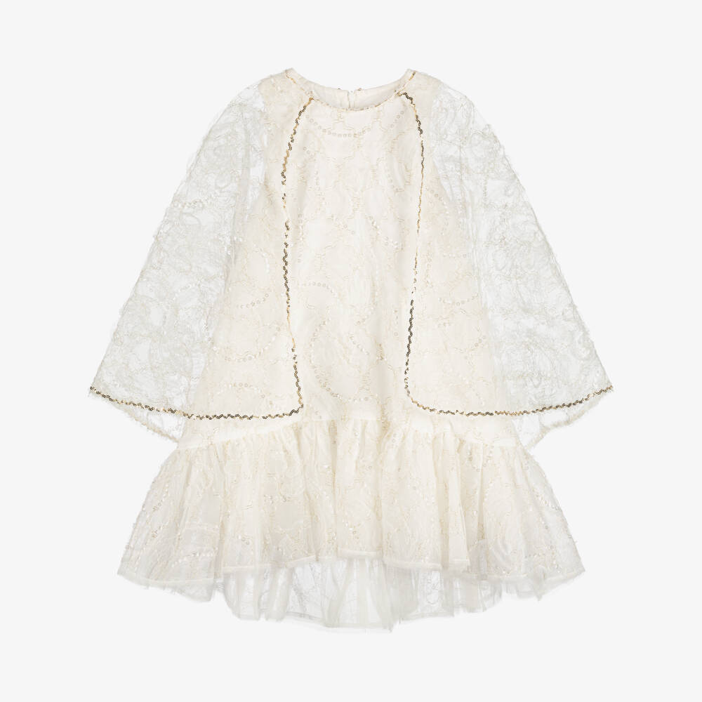 EIRENE-Girls Ivory Tulle Dress with Lace & Sequin Trims | Childrensalon Outlet