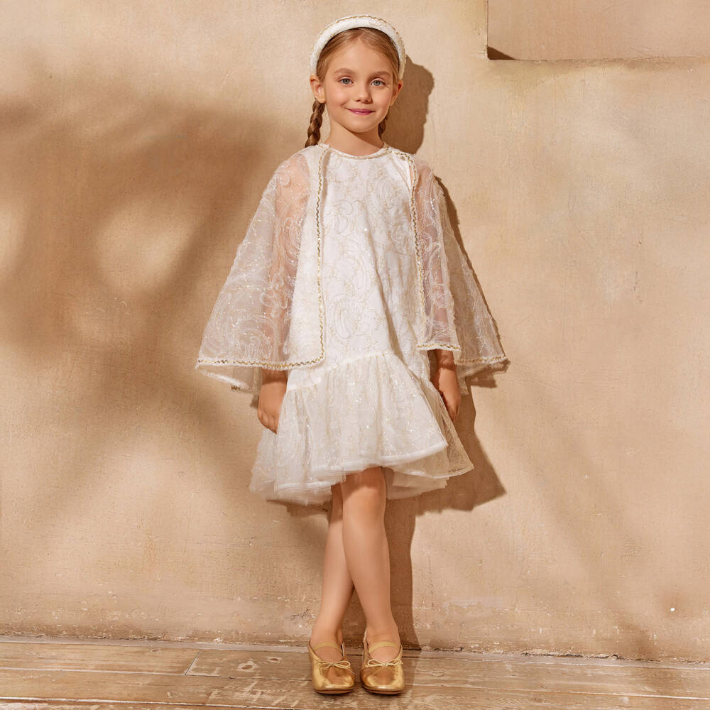 EIRENE-Girls Ivory Tulle Dress with Lace & Sequin Trims | Childrensalon Outlet