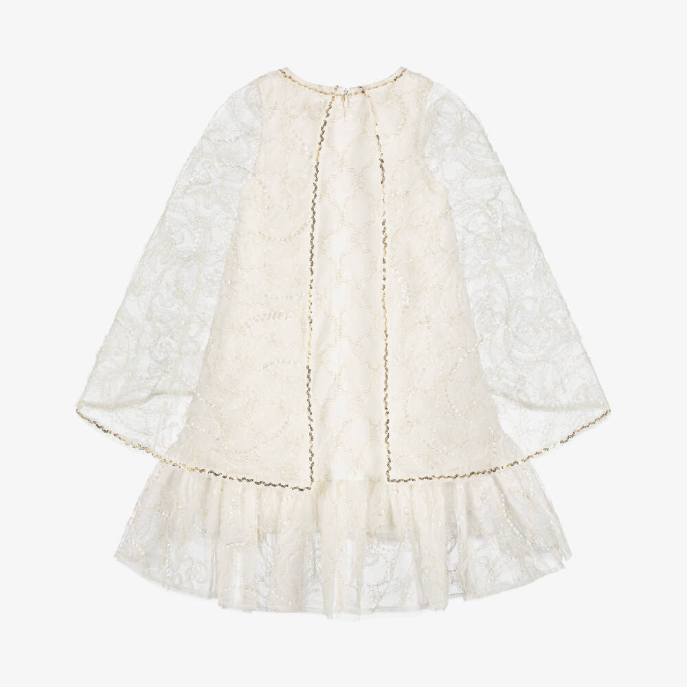 EIRENE-Girls Ivory Tulle Dress with Lace & Sequin Trims | Childrensalon Outlet