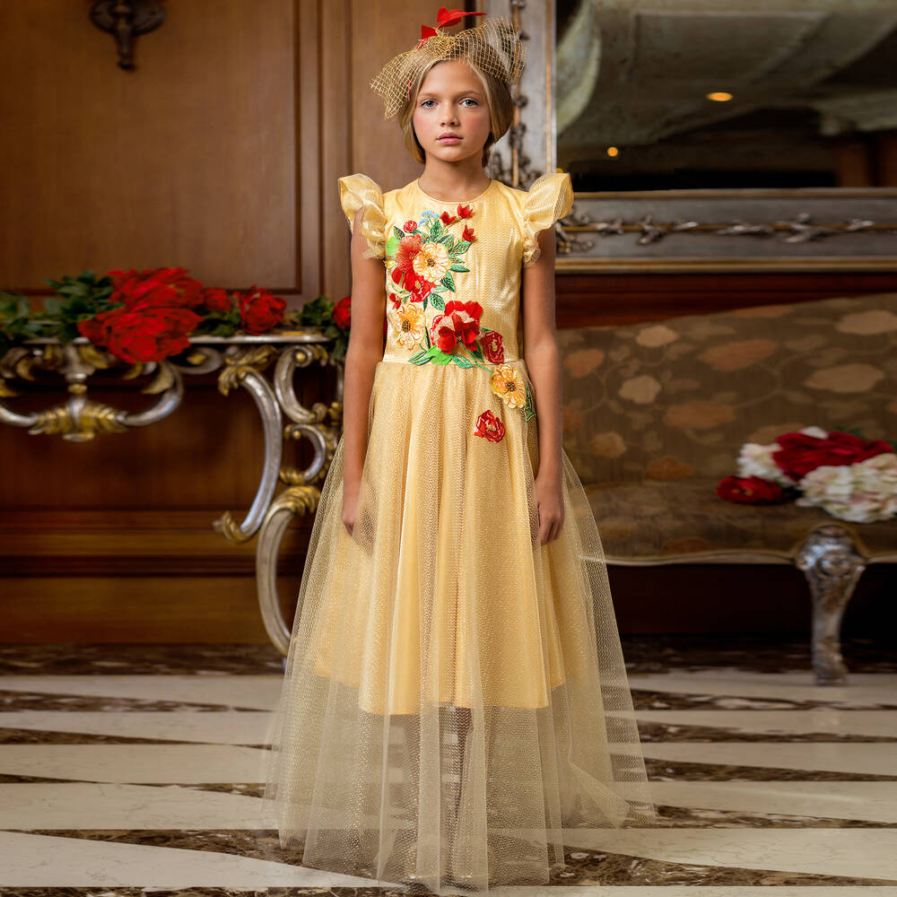 EIRENE-Girls Long Gold Tulle Dress  | Childrensalon Outlet