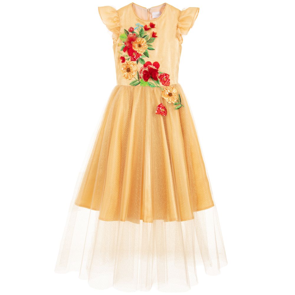 EIRENE - Girls Long Gold Tulle Dress  | Childrensalon
