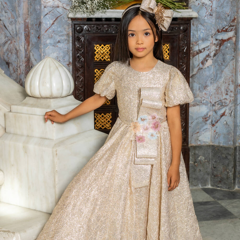 EIRENE-Girls Metallic Gold Bow Dress | Childrensalon Outlet