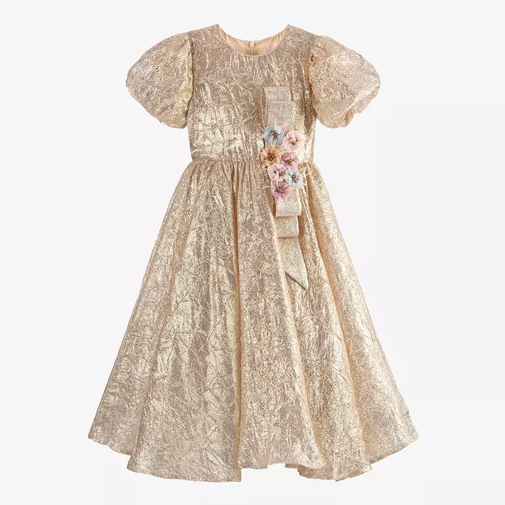 EIRENE-Girls Metallic Gold Bow Dress | Childrensalon Outlet