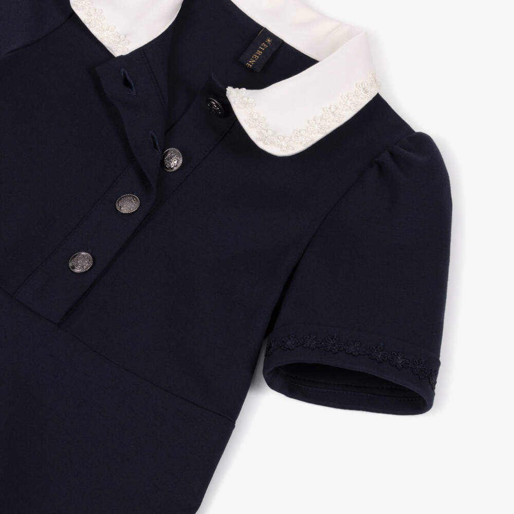 EIRENE-Girls Navy Blue Jersey Dress with White Collar | Childrensalon Outlet