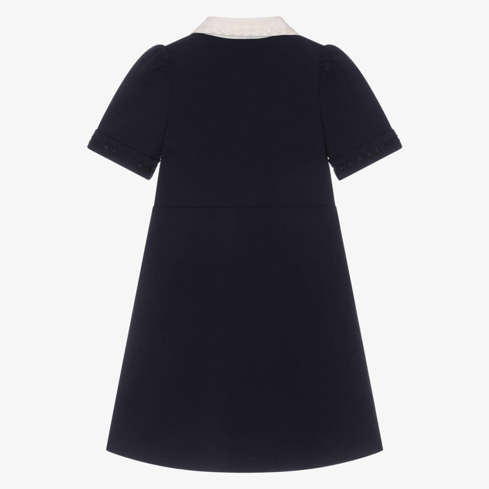 EIRENE-Girls Navy Blue Jersey Dress with White Collar | Childrensalon Outlet