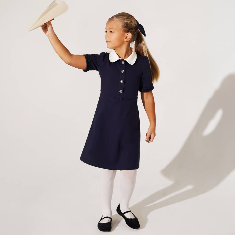 EIRENE-Girls Navy Blue Jersey Dress with White Collar | Childrensalon Outlet