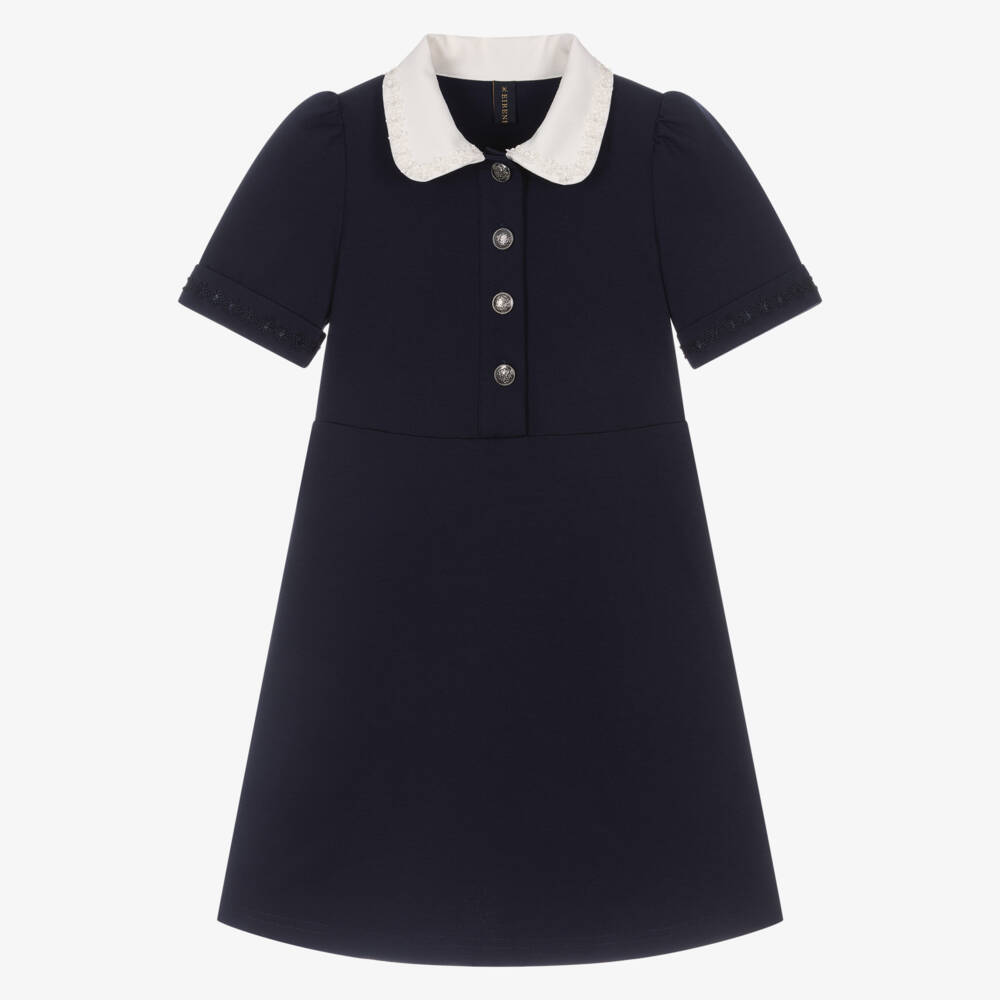 EIRENE-Girls Navy Blue Jersey Dress with White Collar | Childrensalon Outlet