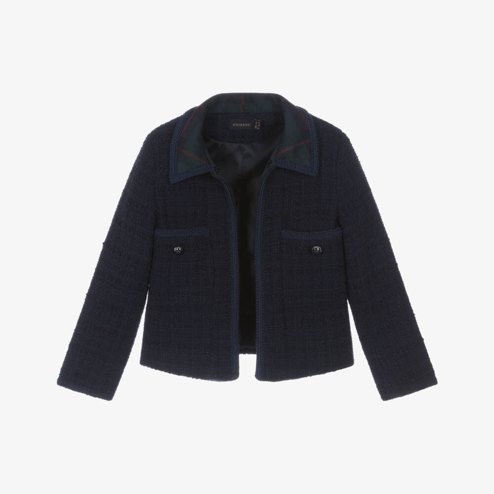 EIRENE-Girls Navy Blue Tweed Blazer with Tartan Collar | Childrensalon Outlet