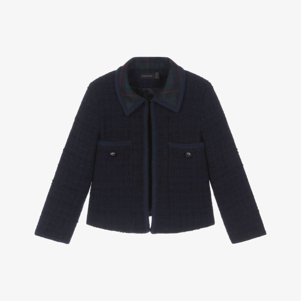 EIRENE-Girls Navy Blue Tweed Blazer with Tartan Collar | Childrensalon Outlet