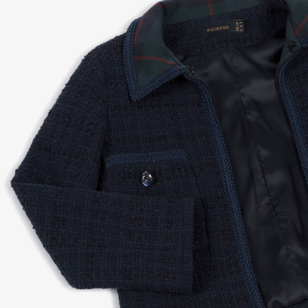 EIRENE-Girls Navy Blue Tweed Blazer with Tartan Collar | Childrensalon Outlet