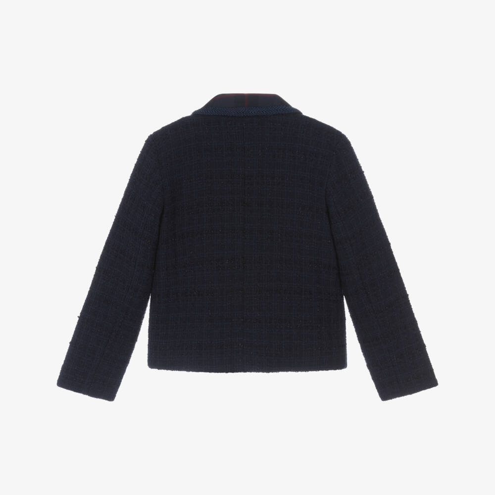 EIRENE-Girls Navy Blue Tweed Blazer with Tartan Collar | Childrensalon Outlet
