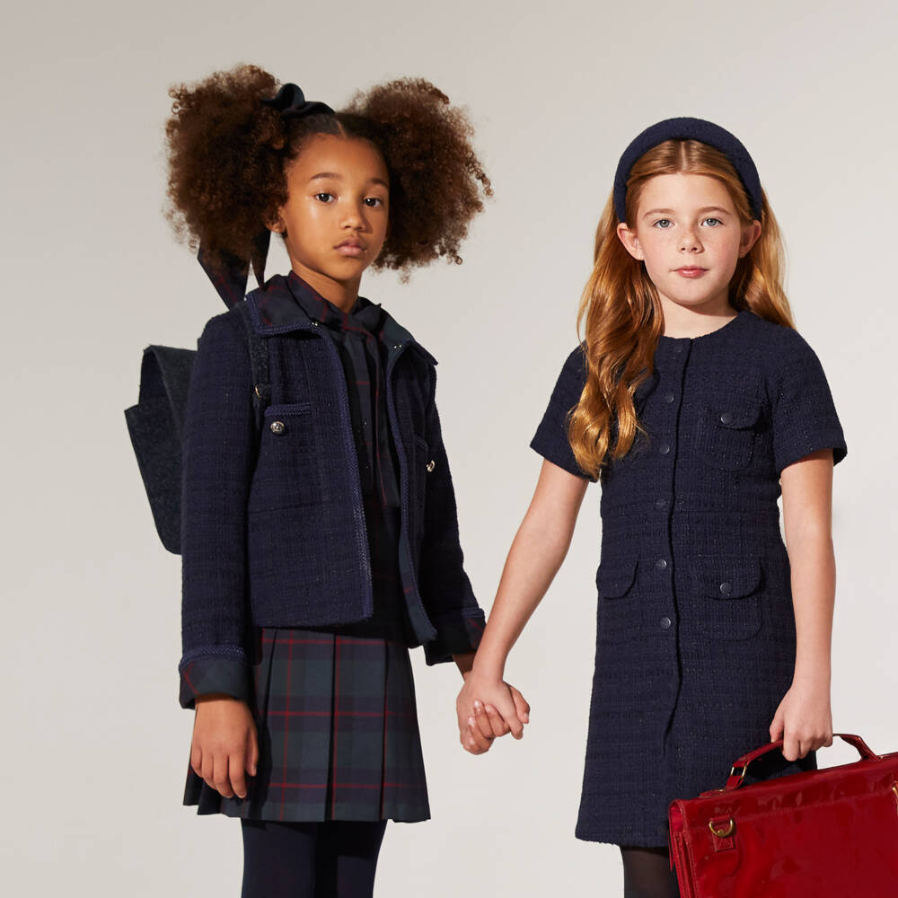 EIRENE-Girls Navy Blue Tweed Blazer with Tartan Collar | Childrensalon Outlet