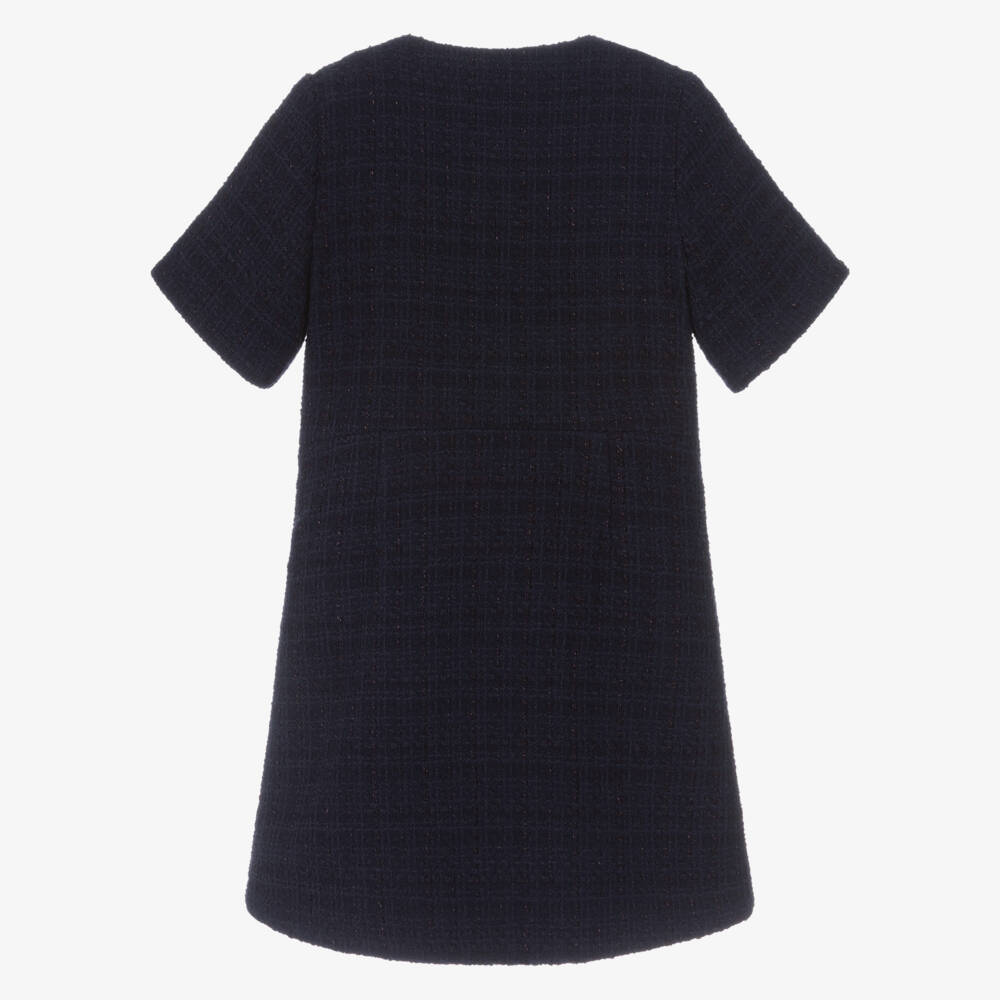 EIRENE-Girls Navy Blue Tweed Dress with Patch Pockets | Childrensalon Outlet