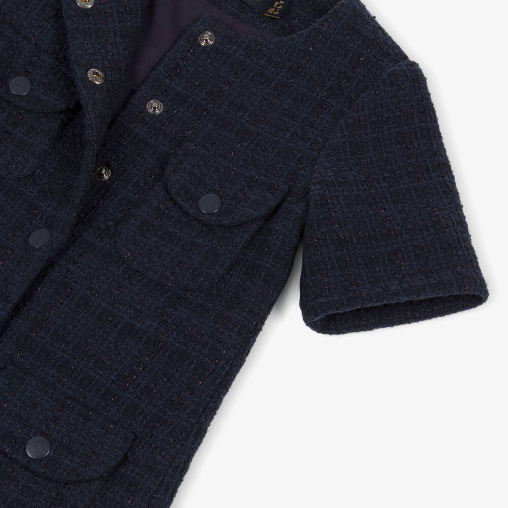 EIRENE-Girls Navy Blue Tweed Dress with Patch Pockets | Childrensalon Outlet