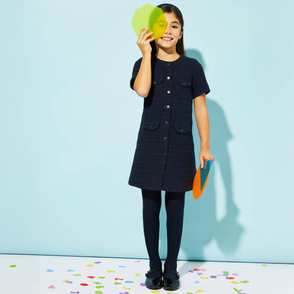 EIRENE-Girls Navy Blue Tweed Dress with Patch Pockets | Childrensalon Outlet