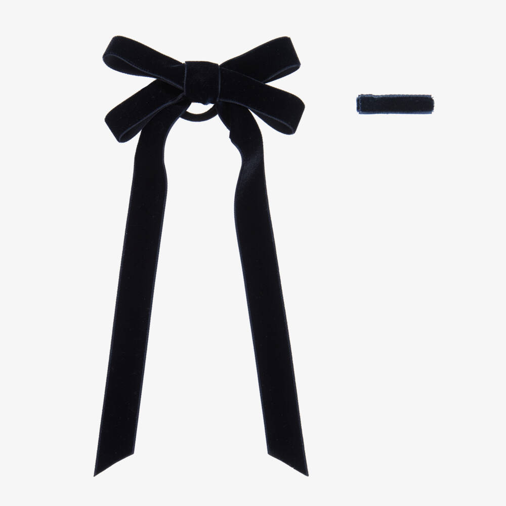 EIRENE-Girls Navy Blue Velvet Bow Hair Elastic & Clip (12cm) | Childrensalon Outlet