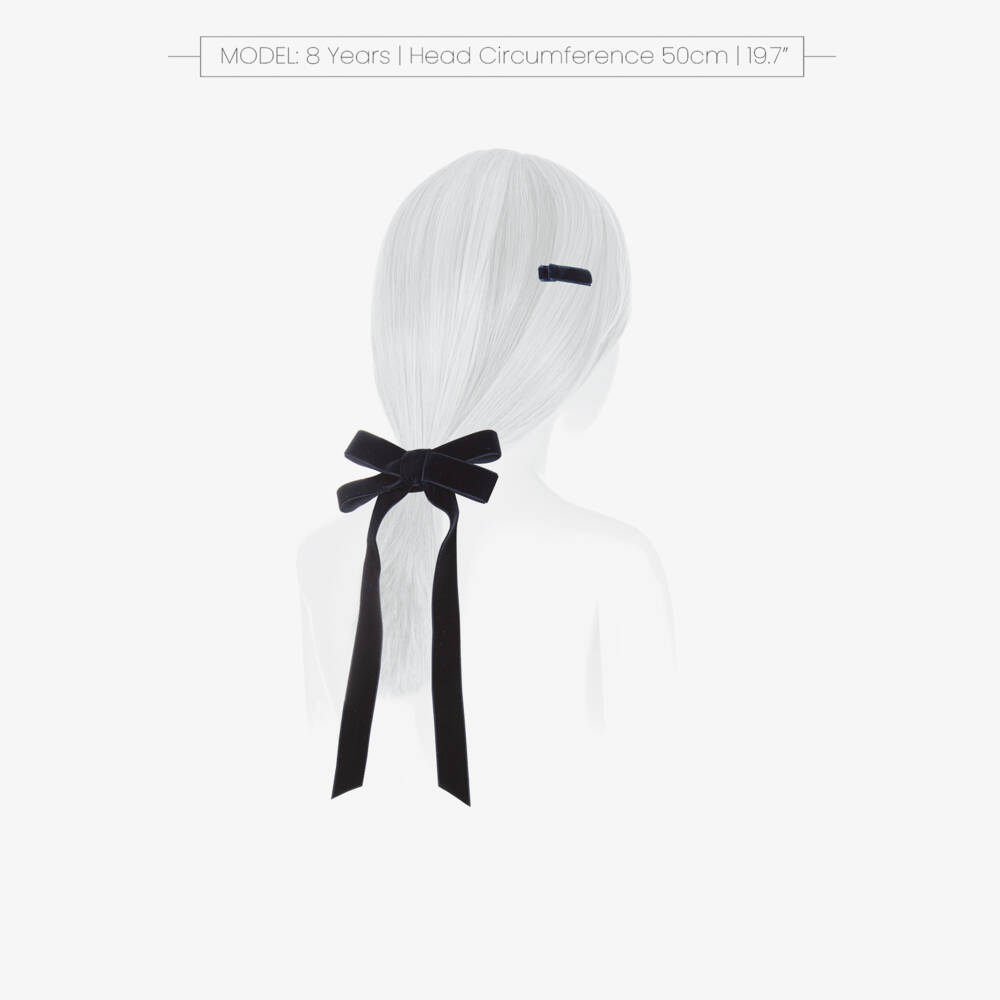 EIRENE-Girls Navy Blue Velvet Bow Hair Elastic & Clip (12cm) | Childrensalon Outlet