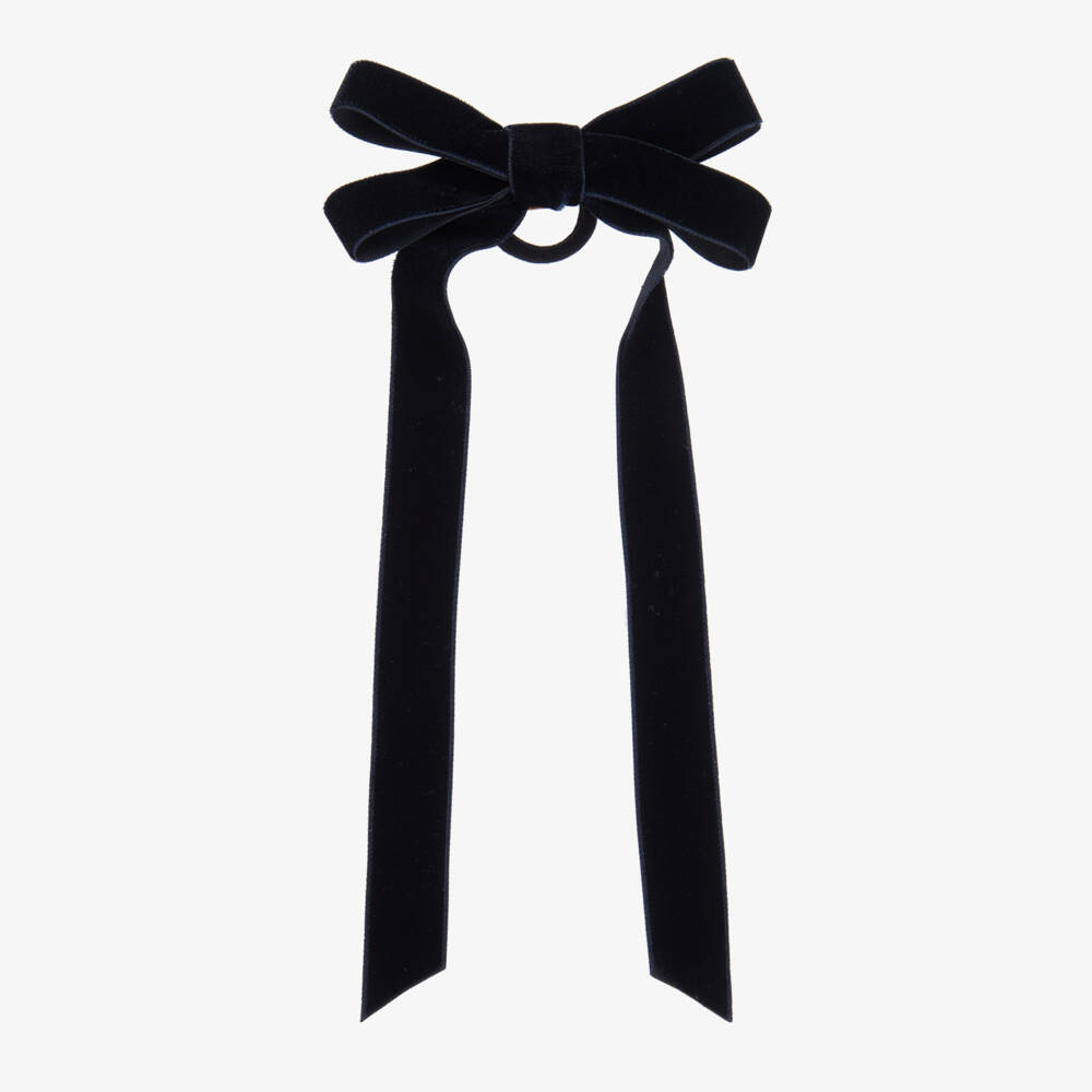 EIRENE-Girls Navy Blue Velvet Bow Hair Elastic & Clip (12cm) | Childrensalon Outlet