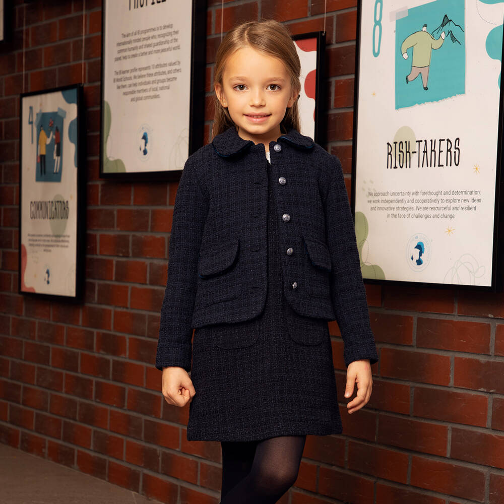 EIRENE-Girls Navy Tweed Sleeveless Dress | Childrensalon Outlet