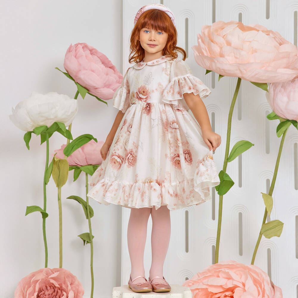 EIRENE-Girls Pale Pink Floral Chiffon & Diamanté Dress | Childrensalon Outlet