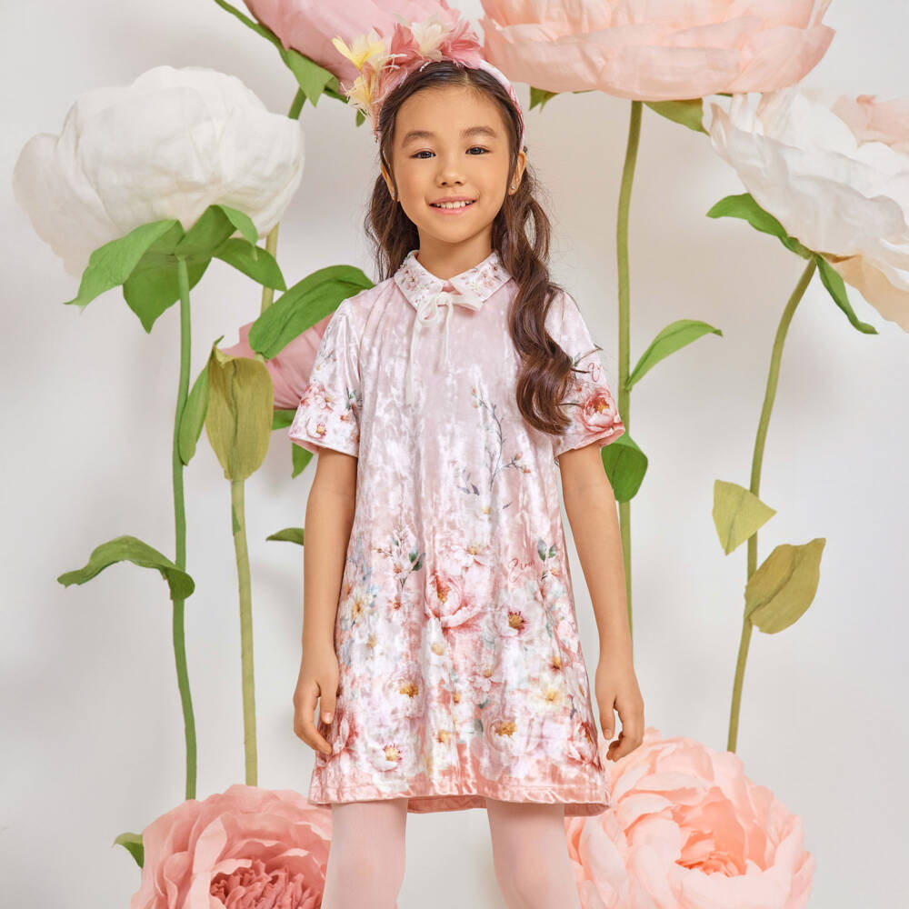 EIRENE-فستان مخملي وردي مزين بالزهور للبنات | Childrensalon Outlet