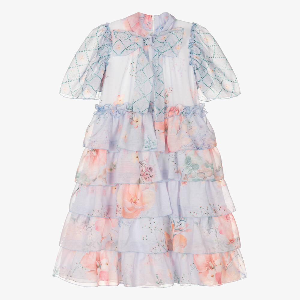 EIRENE - Girls Pastel Blue Floral Chiffon Dress | Childrensalon