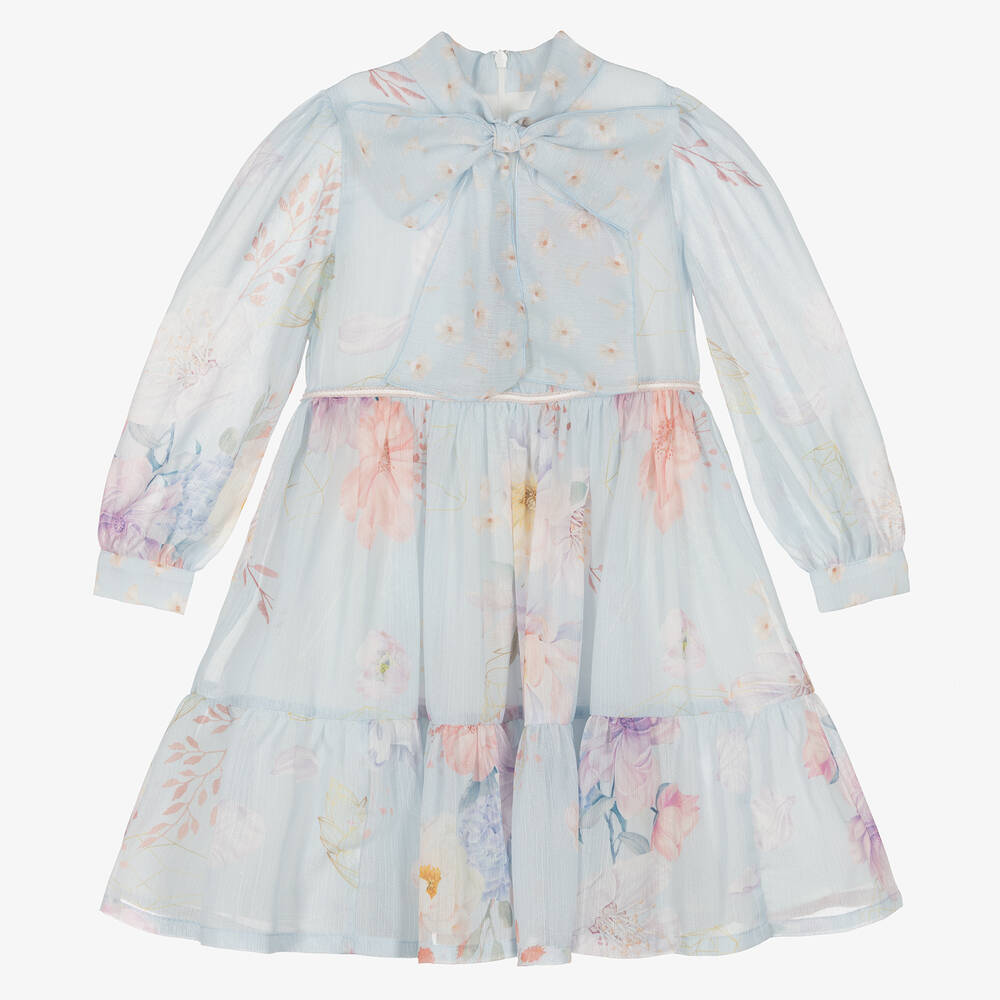 EIRENE - Girls Pastel Blue Floral Chiffon Dress | Childrensalon