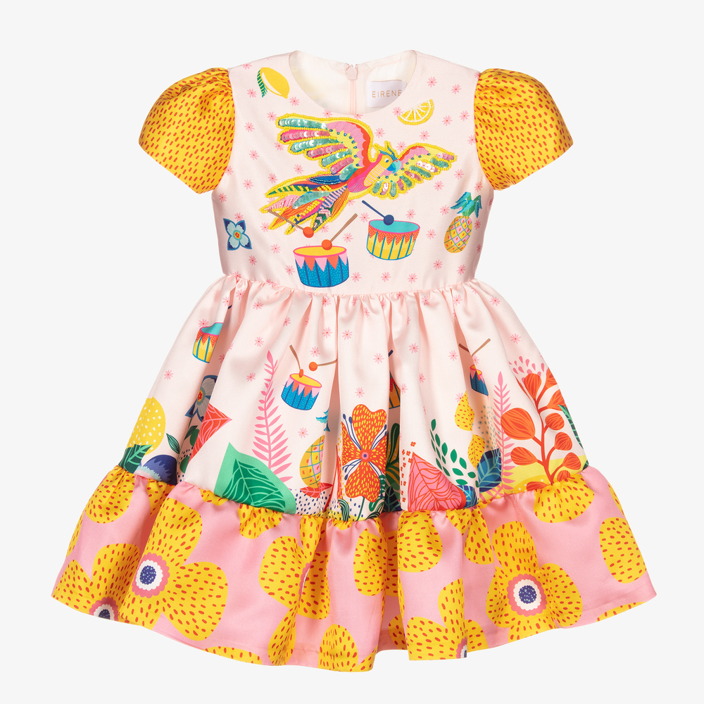 EIRENE - Розовое платье с попугаем из бисера для девочек | Childrensalon