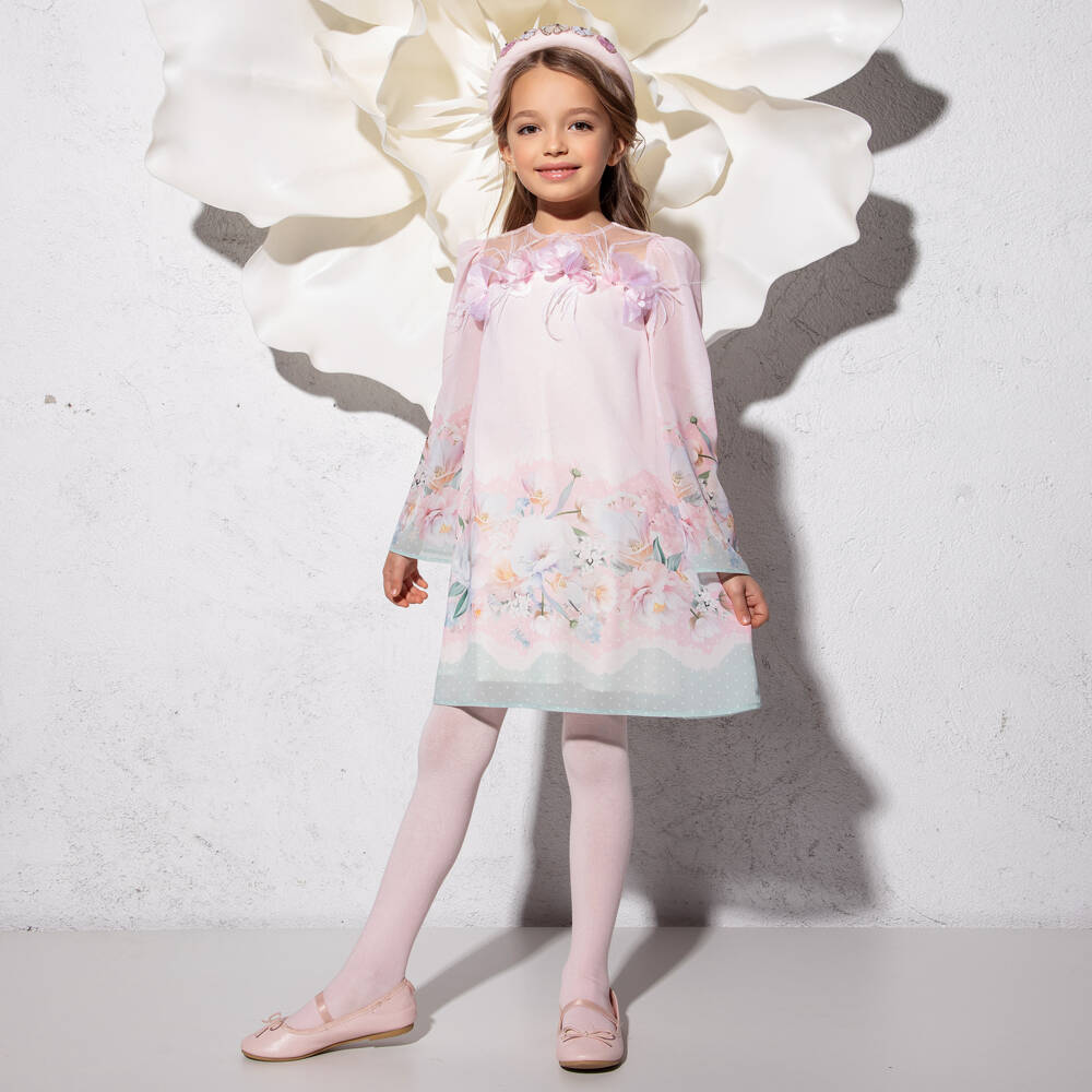 EIRENE-Girls Pink Blossom Crêpe Dress | Childrensalon Outlet