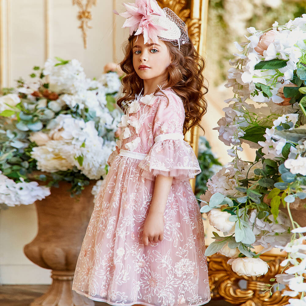 EIRENE-Girls Pink Embroidered Sequinned Tulle Dress | Childrensalon Outlet