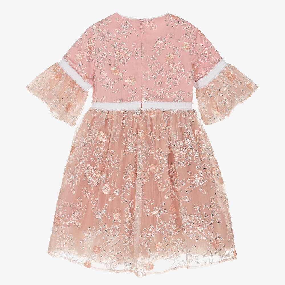 EIRENE-Girls Pink Embroidered Sequinned Tulle Dress | Childrensalon Outlet