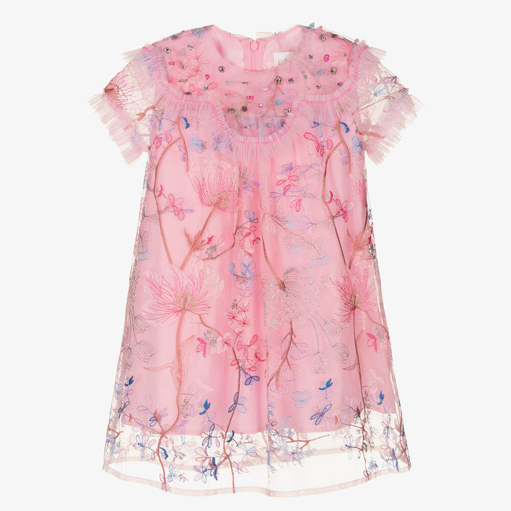 EIRENE - Girls Pink Embroidered Tulle Dress | Childrensalon