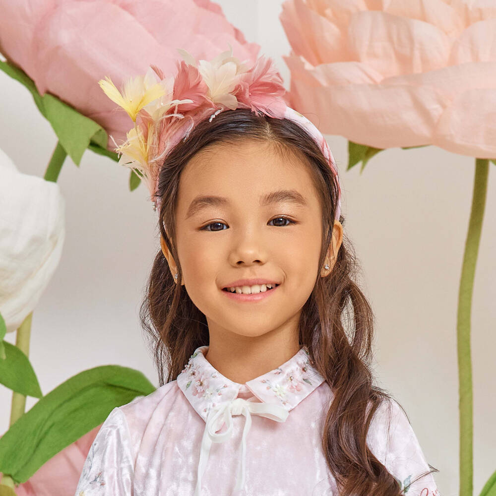 EIRENE-طوق رأس وردي مزين بالريش للبنات | Childrensalon Outlet