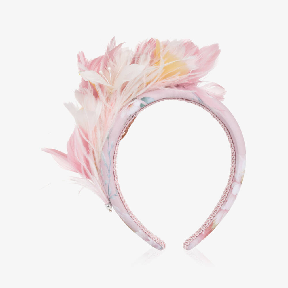 EIRENE-طوق رأس وردي مزين بالريش للبنات | Childrensalon Outlet