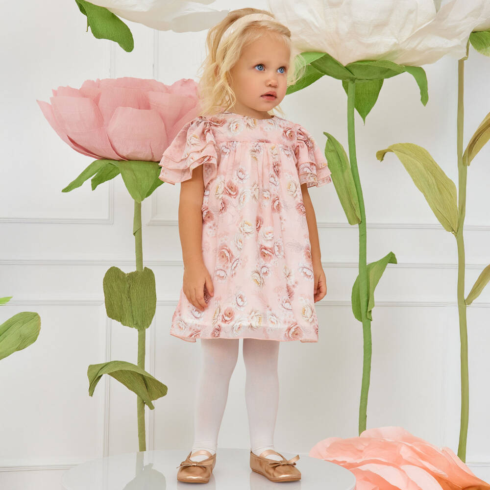 EIRENE-Платье из розового шифона с цветочным узором для девочек | Childrensalon Outlet