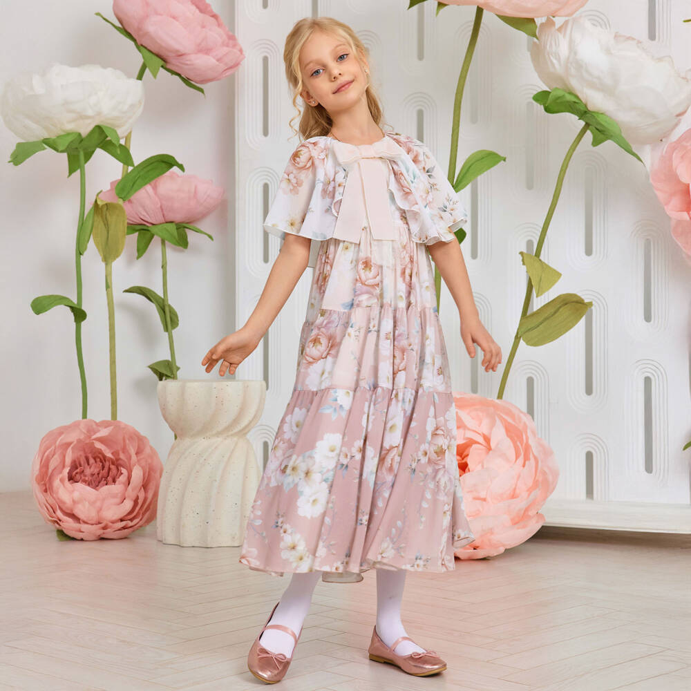 EIRENE-فستان كاب شيفون وردي مزهر للبنات | Childrensalon Outlet
