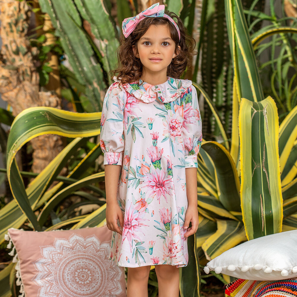 EIRENE - Girls Pink Floral Cotton Dress | Childrensalon Outlet