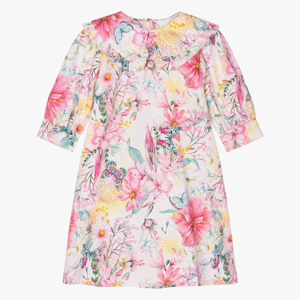 EIRENE-Girls Pink Floral Cotton Dress | Childrensalon Outlet
