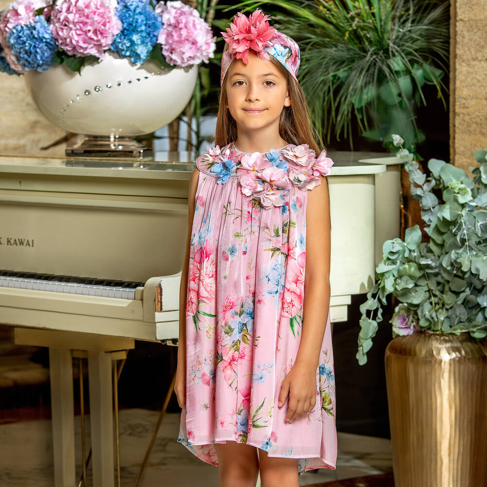 EIRENE-فستان مبطن قطن لون زهري بطبعة ورود | Childrensalon Outlet