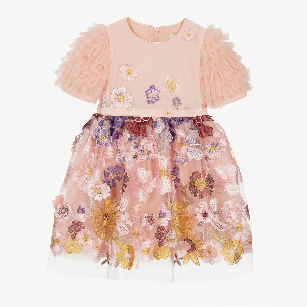 EIRENE - Girls Pink Floral Embroidered Tulle Dress | Childrensalon