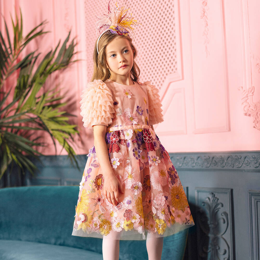 EIRENE-Girls Pink Floral Embroidered Tulle Dress | Childrensalon Outlet