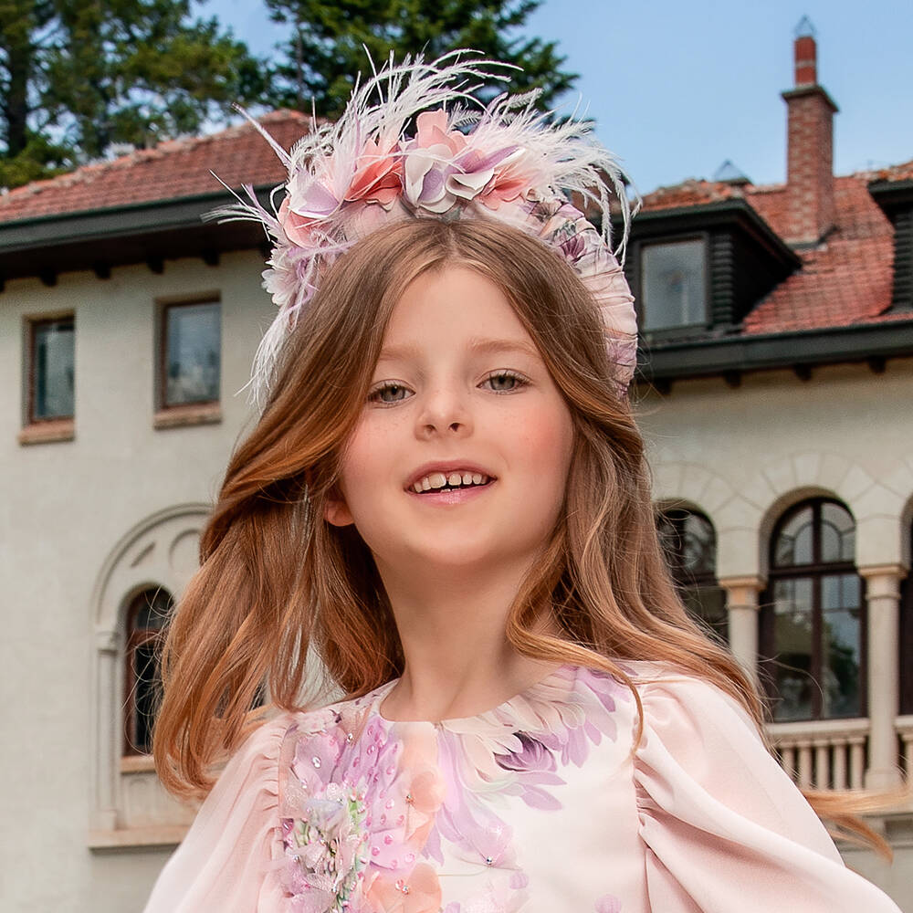 EIRENE-Girls Pink Floral & Feather Hairband | Childrensalon Outlet